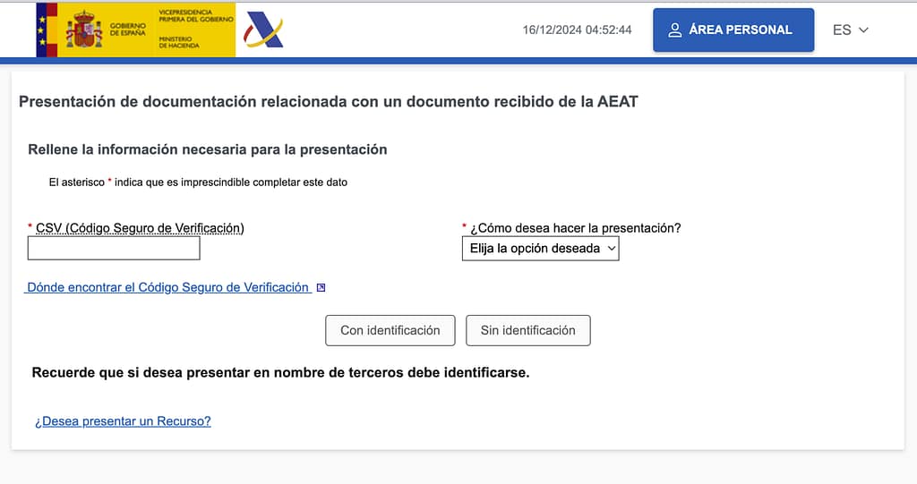 Formulario de la Agencia Tributaria para presentar documentación y contestar un requerimiento de la AEAT