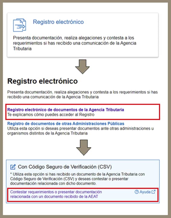Página de Registro Electrónico AEAT para presentar documentación con CSV