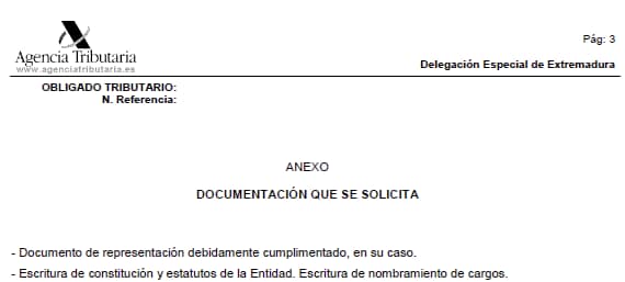 Encabezado del Requerimiento de la inspección de Hacienda.