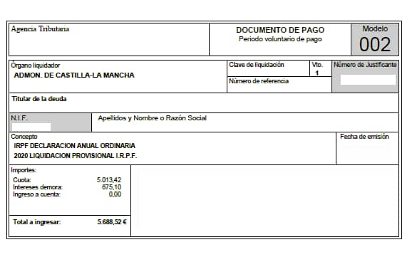 Carta de pago de la AEAT. Ejemplo.