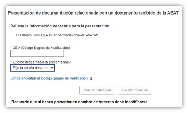 Formulario para presentar contestación de requerimiento de la AEAT con CSV